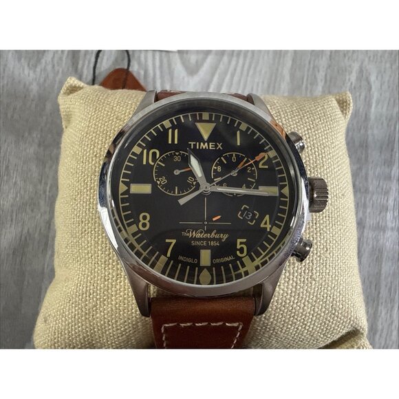 Timex Waterbury Chronograph Red Wing Collab Leather Strap Black Dial